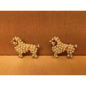 Vintage Faux Rhinestone Pearl Poodle Dog Brooch Pin Jewelry Set of 2